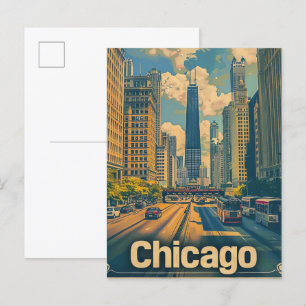 Chicago Illinois Vintag Retro Travel Illustration Postkarte