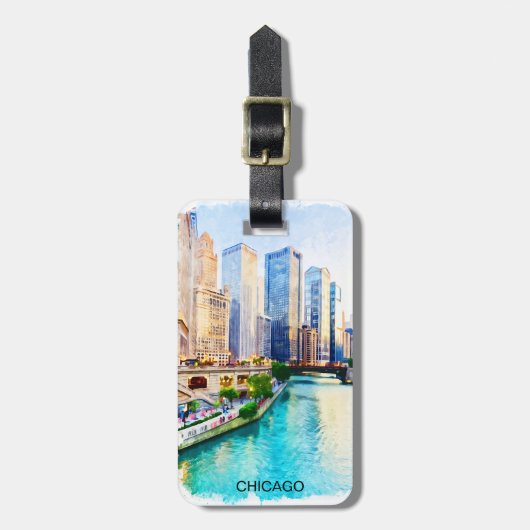 Chicago Illinois Watercolor City View Gepäckanhänger (Vorderseite vertikal)