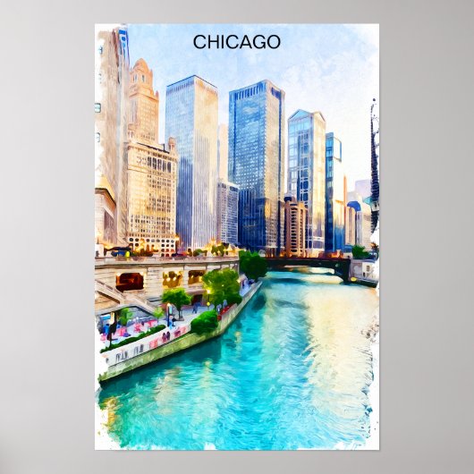 Chicago Illinois Watercolor City View Poster (Vorne)