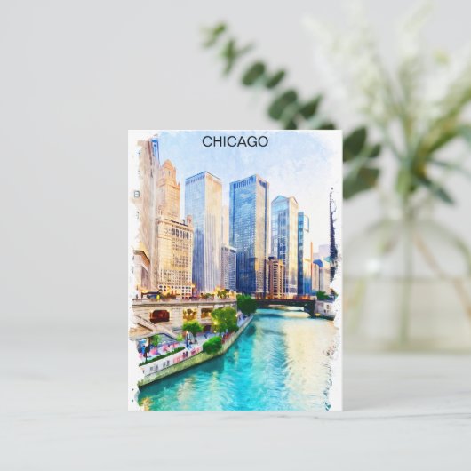 Chicago Illinois Watercolor City View Postkarte (Stehend Vorderseite)