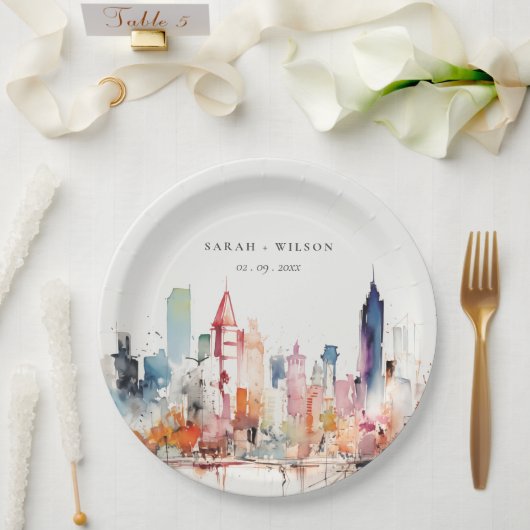 Chicago Illinois Watercolor Landscape Wedding Pappteller (Hochzeit)