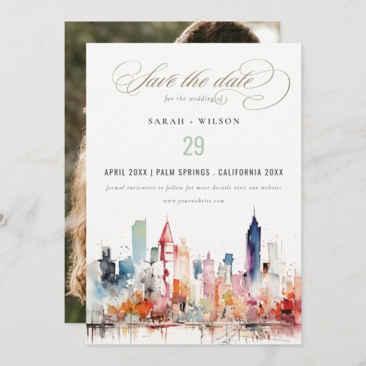 Chicago Illinois Watercolor Scape Photo Wedding Save The Date (Vorne/Hinten)