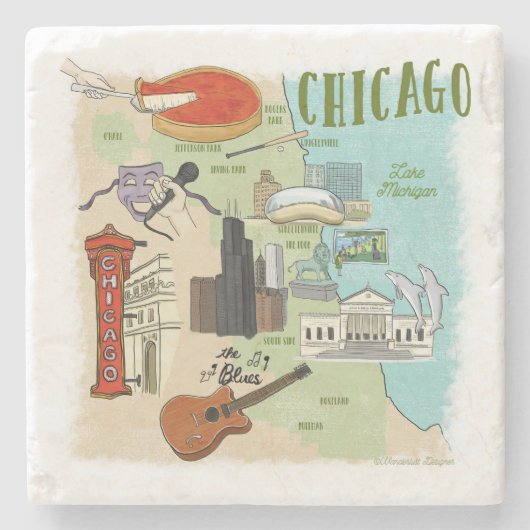 Chicago Illustriert Map Stone Untersetzer (Vorderseite)