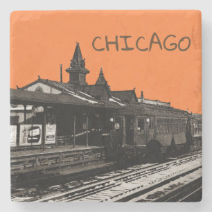 Chicago L 1950 Aquarell Sepia Fotografie U-Bahn Steinuntersetzer