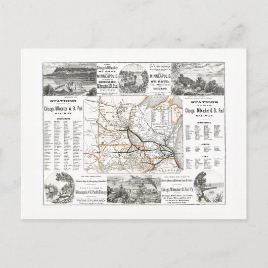 Chicago, Milwaukee und Saint Paul Railmap Postkarte (Vorderseite)