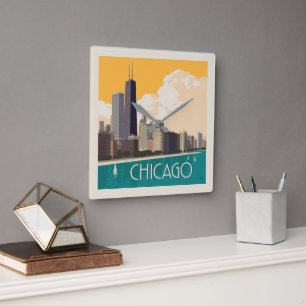 Chicago   Modern Skyline Quadratische Wanduhr
