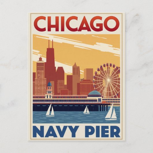 Chicago Navy Pier Skyline Retro Postkarte (Vorderseite)