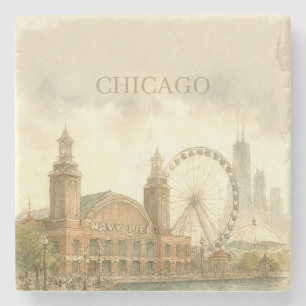 Chicago Navy Pier Wasserfarben-Landschaftsmarke Steinuntersetzer