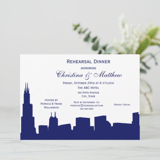 Chicago Navy Skyline Silhouette Probe Dinner Einladung (Stehend Vorderseite)