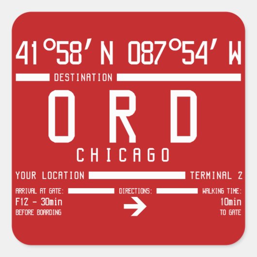 Chicago O'Hara International Airport Code ORD Quadratischer Aufkleber (Vorderseite)