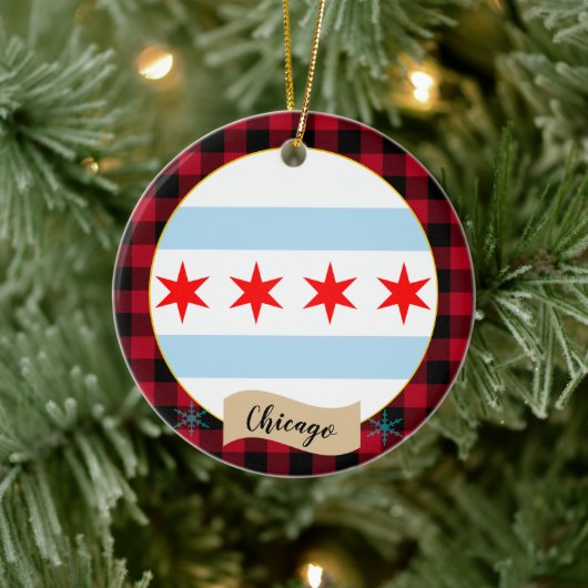 Chicago, Red Buffalo kariert & Chicago Flag Keramik Ornament (Baum)