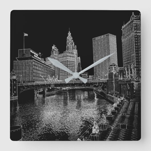 Chicago River 1967 Wrigley Building Sun Times Bldg Quadratische Wanduhr (Vorderseite)