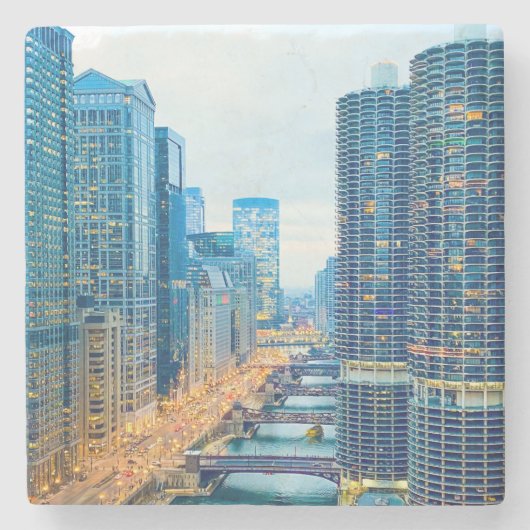 Chicago River bei Dusk Steinuntersetzer (Vorderseite)