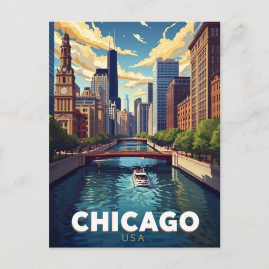 Chicago River Skyline Bootsfahrt Postkarte (Vorderseite)
