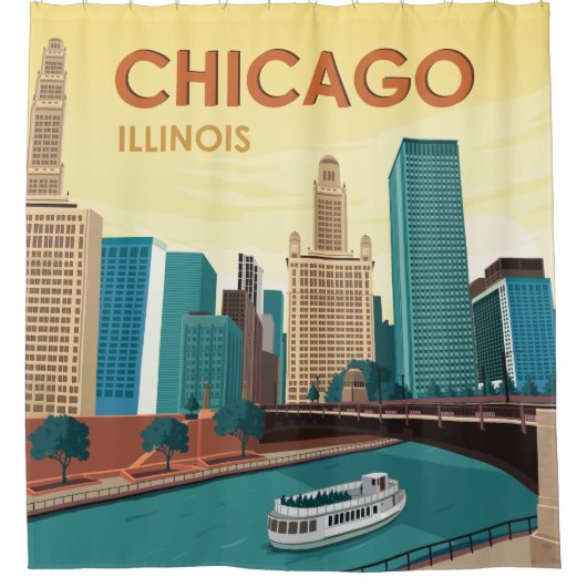 Chicago River Skyline Vintage Travel Duschvorhang (Vorderseite)