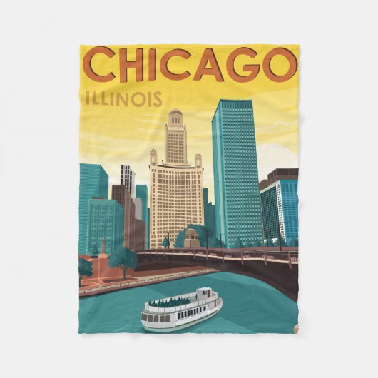 Chicago River Skyline Vintage Travel Fleecedecke (Vorderseite)