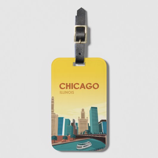 Chicago River Skyline Vintage Travel Gepäckanhänger (Vorderseite Vertikal)