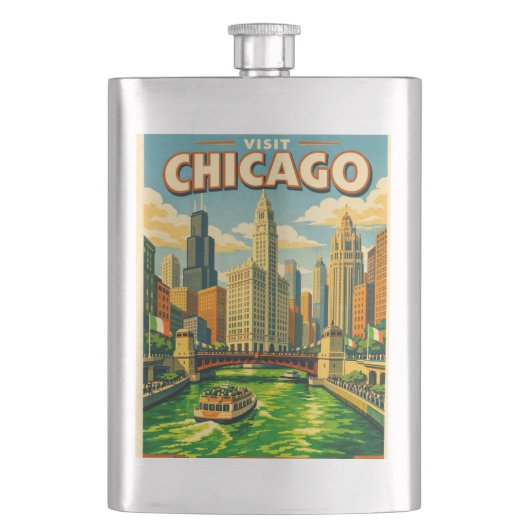 Chicago River St. Patricks Tag Postkarte Flachmann (Vorderseite)