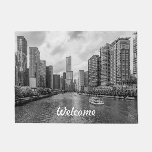 Chicago River und Trump Tower Grayscale Willkommen Fußmatte (Vorderseite)