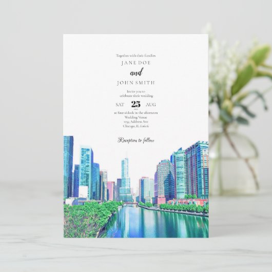Chicago River Wedding Einladung (Stehend Vorderseite)