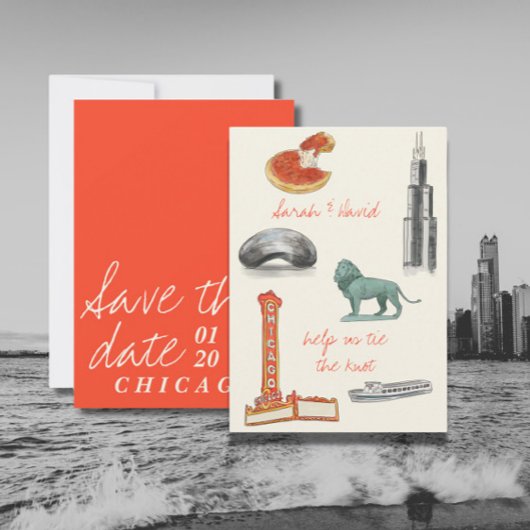 Chicago Save the Date mit Zeichnungen Einladung