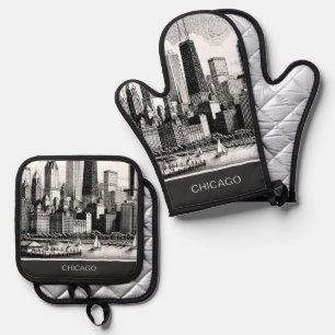 Chicago Schwarz-weiß Ofenhandschuh & Topflappen-Set