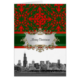 Chicago Skyline #1 Vintag Look Red & Green Damask