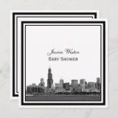 Chicago Skyline #2 Etched Gerahmt Baby Shower Einladung (Vorne/Hinten)