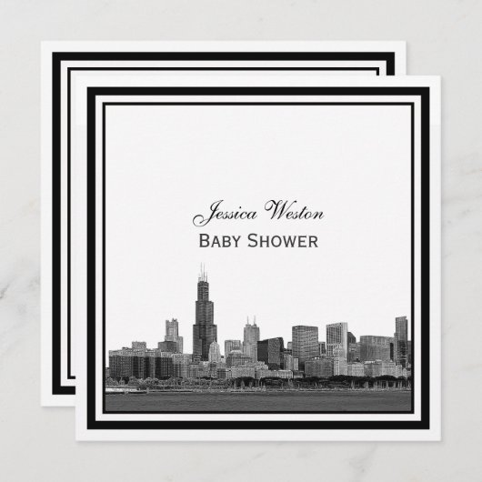 Chicago Skyline #2 Etched Gerahmt Baby Shower Einladung (Vorne/Hinten)
