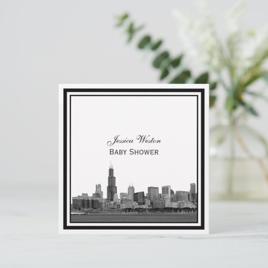 Chicago Skyline #2 Etched Gerahmt Baby Shower Einladung (Stehend Vorderseite)
