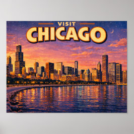 Chicago skyline and Lake Michigan in the evening Poster