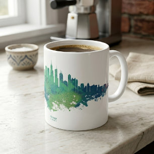 Chicago Skyline Aquarell Blau Grün Stadt Kunst Kaffeetasse
