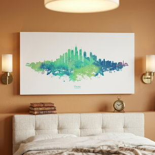 Chicago Skyline Aquarell Blau Grün Stadt Kunst Leinwanddruck