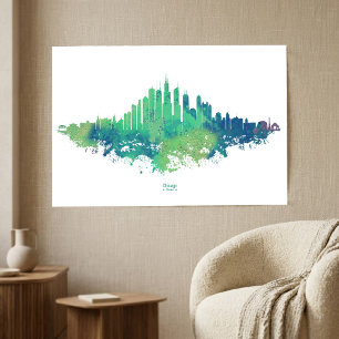 Chicago Skyline Aquarell Blau Grün Stadt Kunst Poster