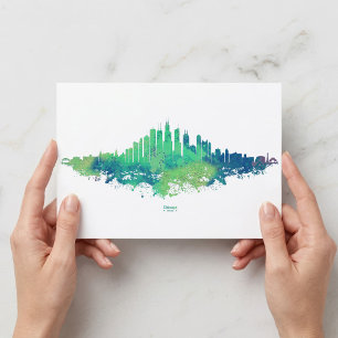 Chicago Skyline Aquarell Blau Grün Stadt Kunst Postkarte