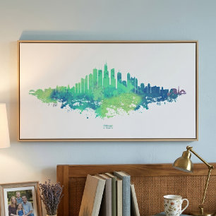 Chicago Skyline Aquarell Blau Grüne Stadt Kunst Fotodruck
