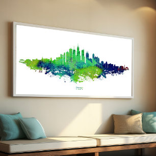 Chicago Skyline Aquarell Blau & Limette Kunst Druc Fotodruck