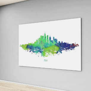 Chicago Skyline Aquarell Blau & Limette Kunst Druc Leinwanddruck