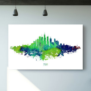 Chicago Skyline Aquarell Blau & Limette Kunst Druc Poster