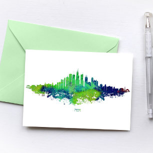 Chicago Skyline Aquarell Blau & Limette Kunst Druc Postkarte