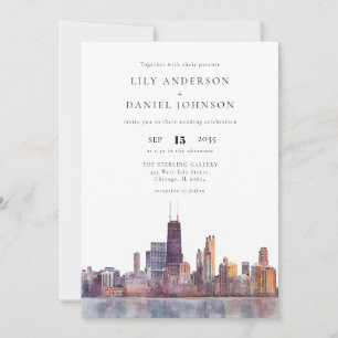 Chicago Skyline Aquarell QR Code Hochzeit Einladung
