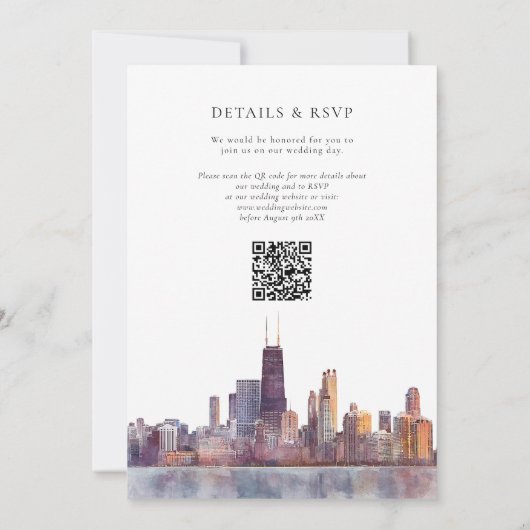 Chicago Skyline Aquarell QR-Code Hochzeit Einladung (Rückseite)