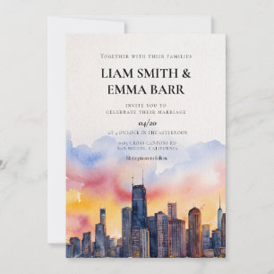 Chicago-Skyline-Aquarell-Sonnenuntergangs-Hochzeit Einladung