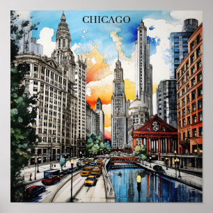 Chicago Skyline Aquarell – Windy City Reise Poster
