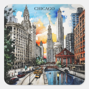 Chicago-Skyline-Aquarell – Windy City Reise Quadratischer Aufkleber
