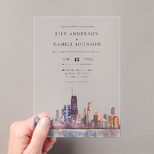 Chicago Skyline Aquarell Ziel Hochzeit Acryleinladungen