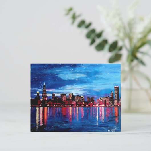 Chicago Skyline bei Nacht Postkarte (Stehend Vorderseite)