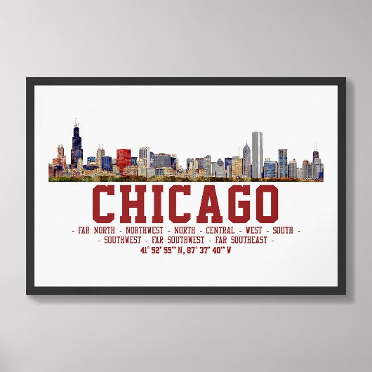 Chicago Skyline. Bereichsnamen und Koordinaten Fotodruck