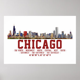 Chicago Skyline. Bereichsnamen und Koordinaten Poster