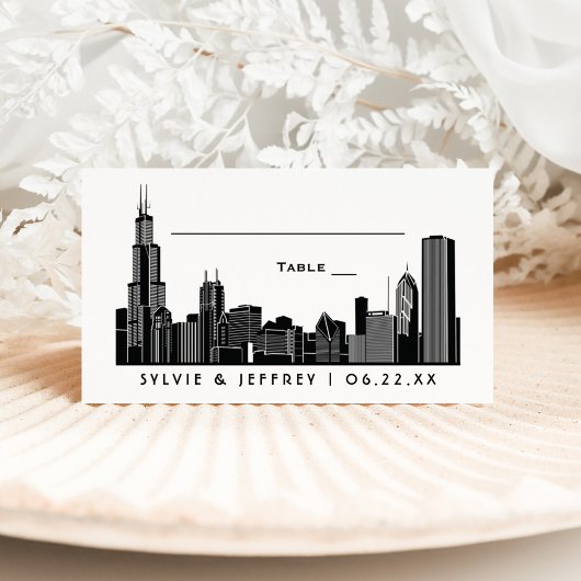Chicago Skyline Black Art Deco Wedding Monogram Platzkarte